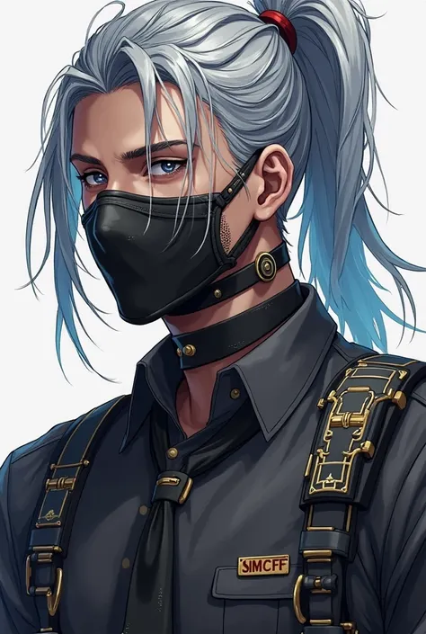  Free Fire gamer style male character , with gray hair and a ponytail and a mini ponytail on the sides, black mask with few details in arctic blue and the shirt one of the the the streetcars a black one with a tie and some gold details written on the chest...