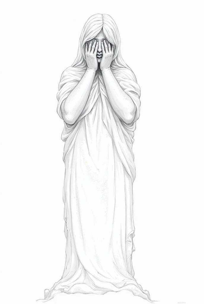 A portrait of the stature of liberty, Who sadly holds her hands in front of her face and eyes and cries as a coloring page in black and white 