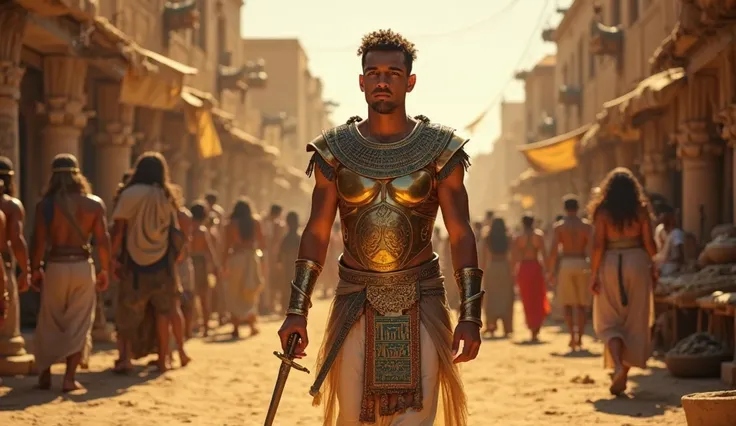 An elite Egyptian soldier walking through the bustling streets of an ancient Egyptian city. He is dressed in shining armor with intricate patterns, reflecting the sunlight. His strong physique is visible beneath his armor, and he carries a sword by his sid...