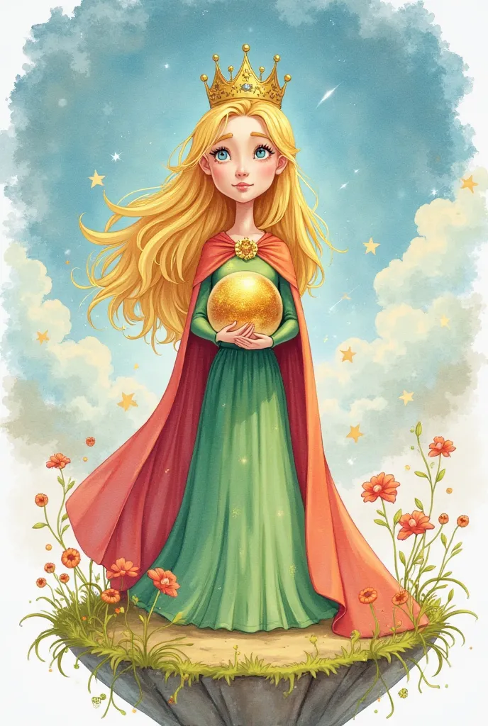 Create a whimsical watercolor illustration of a young queen, inspired by the enchanting style of The Little Prince. The queen has flowing blonde hair, wears a vibrant green gown with a flowing red cape, and holds a golden orb containing a miniature planet....