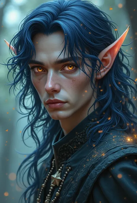 male elf with navy blue hair color with eyes of a tiger