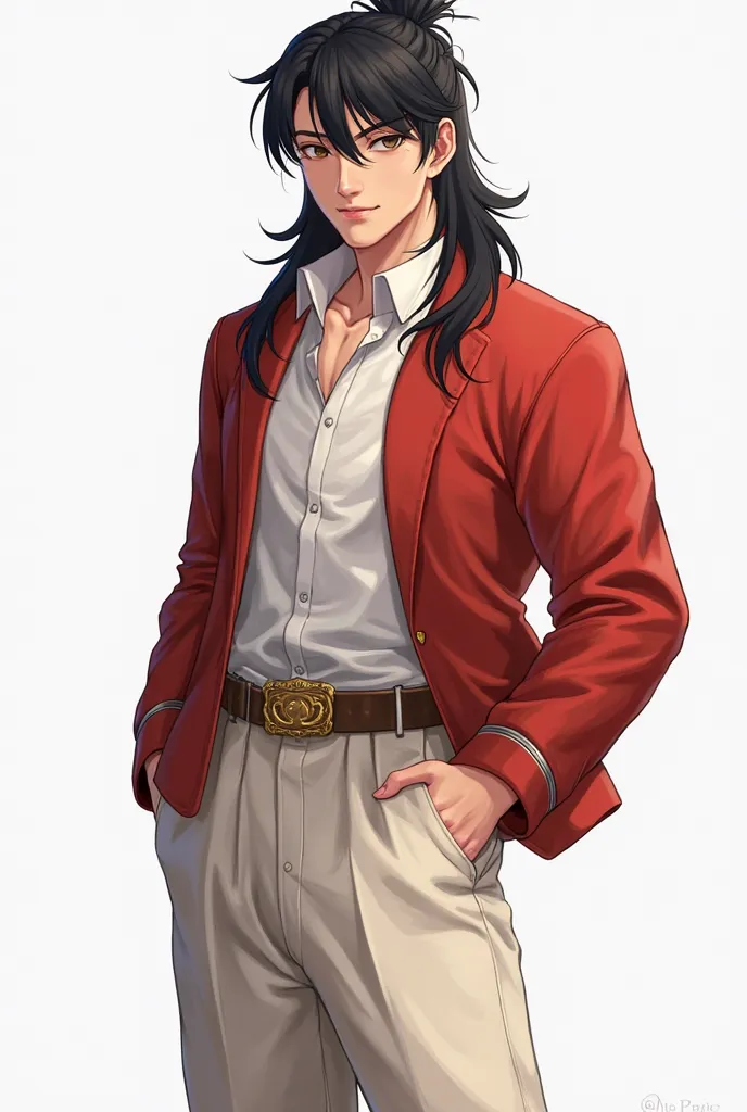 A young man with fair skin, long black hair partially tied, wearing an open red jacket over a white shirt and wide pants, with a gold belt around his waist.

 Personality : Brave, smart, quick-witted, but sometimes reckless and lucky.     With a transparen...