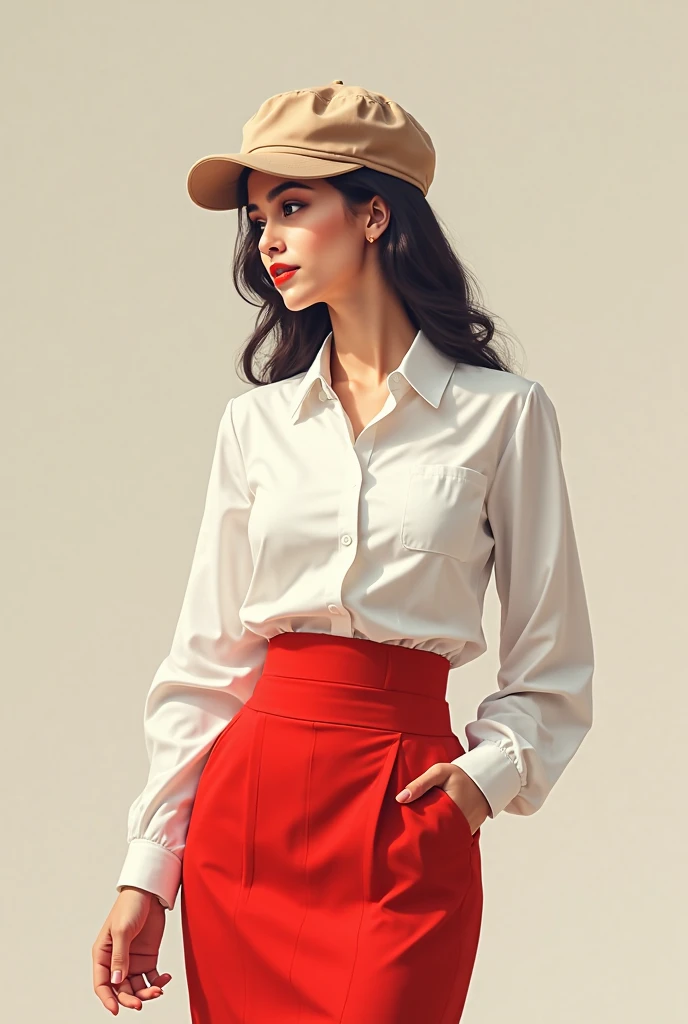 A woman in a white blouse and a red skirt and a cap 