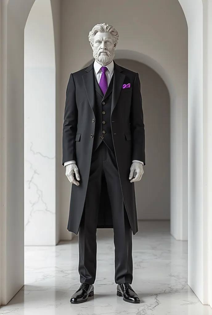 GREEK STATUE DRESSED IN A BLACK SUIT WITH PURPLE DETAILS