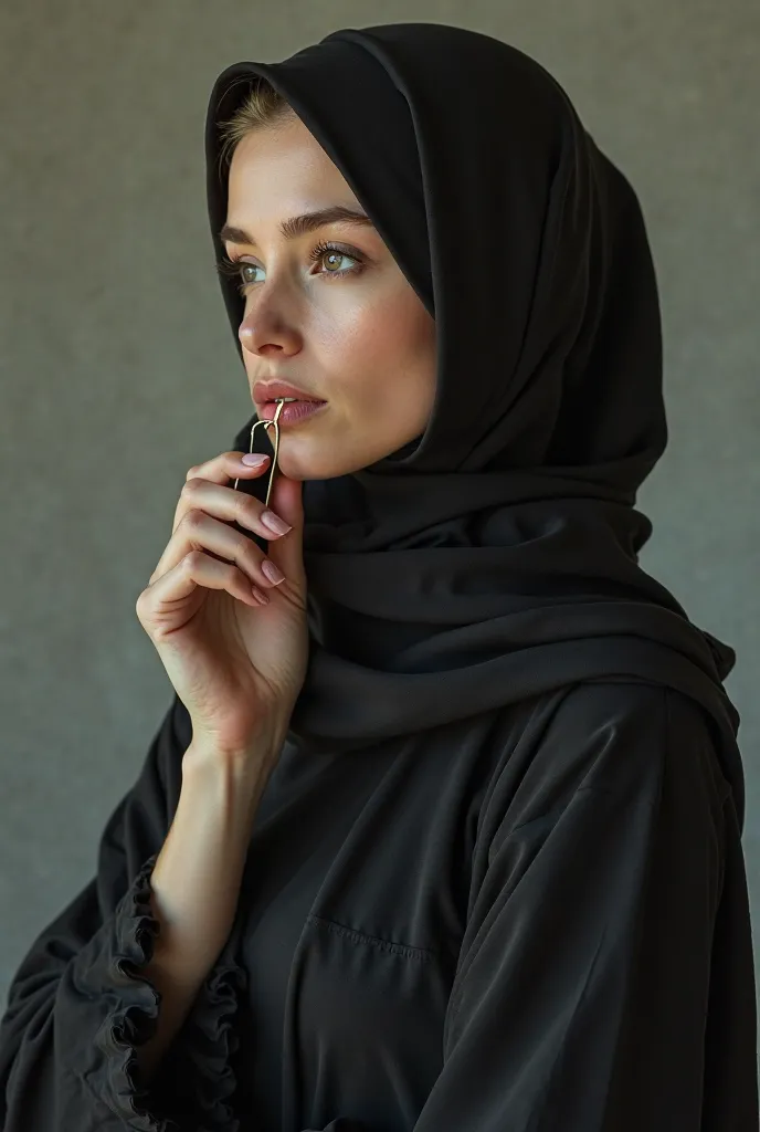 A short black veil over a woman's head A beautiful blonde raises her hand and holds a hijab pin 📌