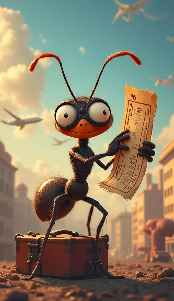 "Create a fun, exaggerated cartoon of a determined ant holding up a plane ticket like an adventurer studying a treasure map. The ant should have big, expressive eyes filled with excitement, gripping the ticket with tiny arms. The background should feel dra...