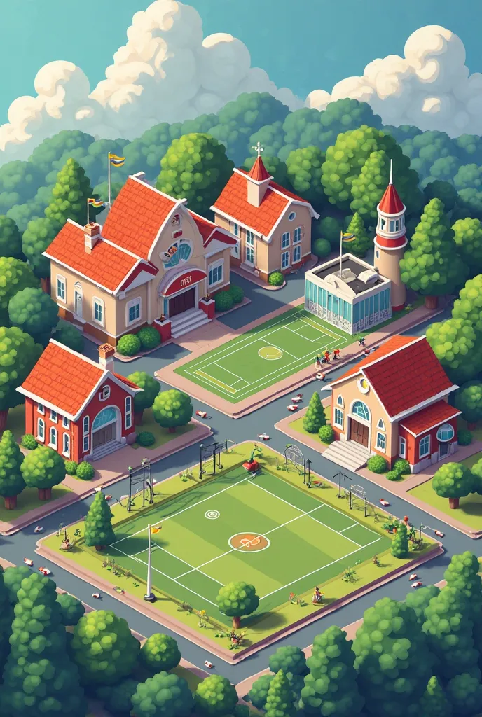 Make a neighborhood with the following characteristics: a hospital, a park, a gym, a mall, a school, 4 houses, a fire station and a sports center that contains a tennis court, a soccer field and a basketball court