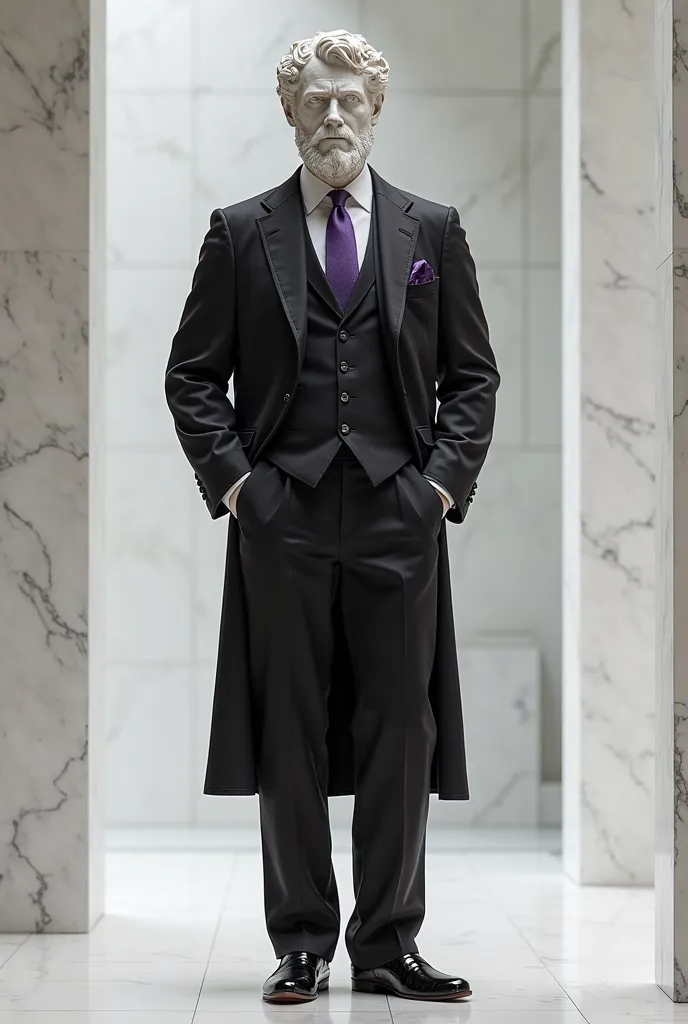 GREEK STATUE DRESSED IN A BLACK SUIT WITH PURPLE DETAILS