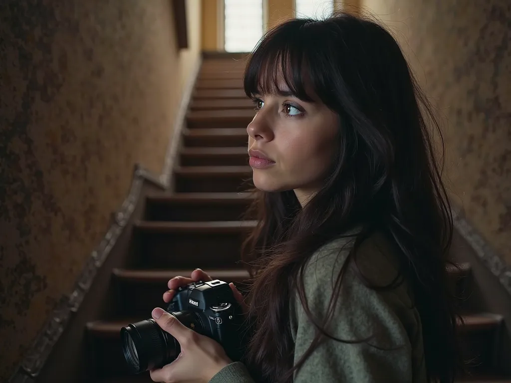 A modern-day reenactment of the Newby Abbey staircase. A young woman with long dark hair, brown eyes, and a curious expression is standing at the base of the stairs, holding a camera. She looks up at the spot where the ghostly figure appeared, her expressi...