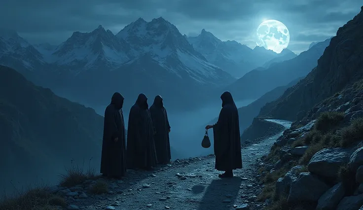 On a rocky road between the mountains, three people wearing mysterious clothes stand and offer a bag of money to a young man who does not show their faces at a lunar dawn