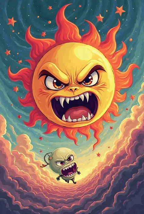 2d cartoon style of angry sun chasing scared moon 