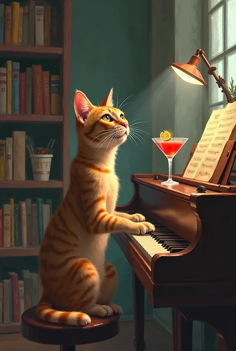 
a cat playing the piano and singing with a cocktail on the piano, paint style