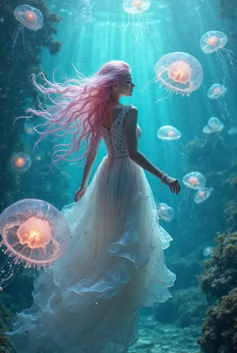 A tranquil underwater paradise blooms as an enchanting figure, adorned with translucent pink hair resembling jellyfish tentacles, glides gracefully among luminescent jellyfish. Her flowing locks reflect the soft glow and delicate frills of the marine creat...