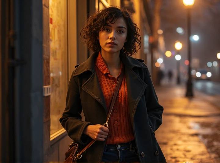 Laila: Stepping outside, gripping her bag tightly, breath visible in the cool air. Her dark brown wavy hair slightly tousled by the breeze, her expression flustered, her brown eyes filled with an unspoken emotion.

The street is dimly lit, golden streetlig...