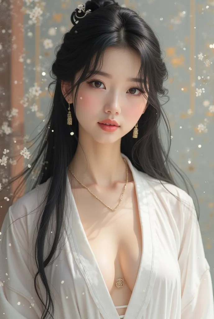  A fictional picture of a beautiful woman of unparalleled beauty with black eyes and her 
Absolutely perfect face, there is almost no flaw in her beauty, she has black hair that flows straight down, her hair looks very shiny and soft and she has big breast...