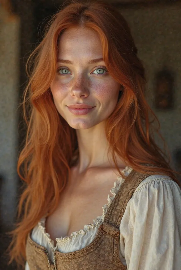 hyper photorealistic, ethereal beauty a cute peasant, face identical to that of Bryce Dallas Howard, Small European village, (42 years old), Young, soft and contoured hair,  sweet smile, soft and gentle, (detailed portrait of the face, eyes and body,  ( ex...