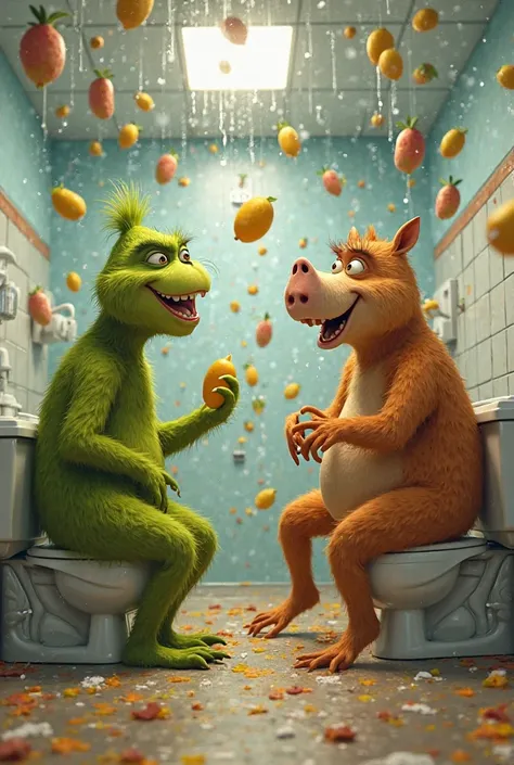 The goofiest and silliest image of the grinch and John pork throwing mangos at eachother meanwhile sitting on toilets and its raining capybaras