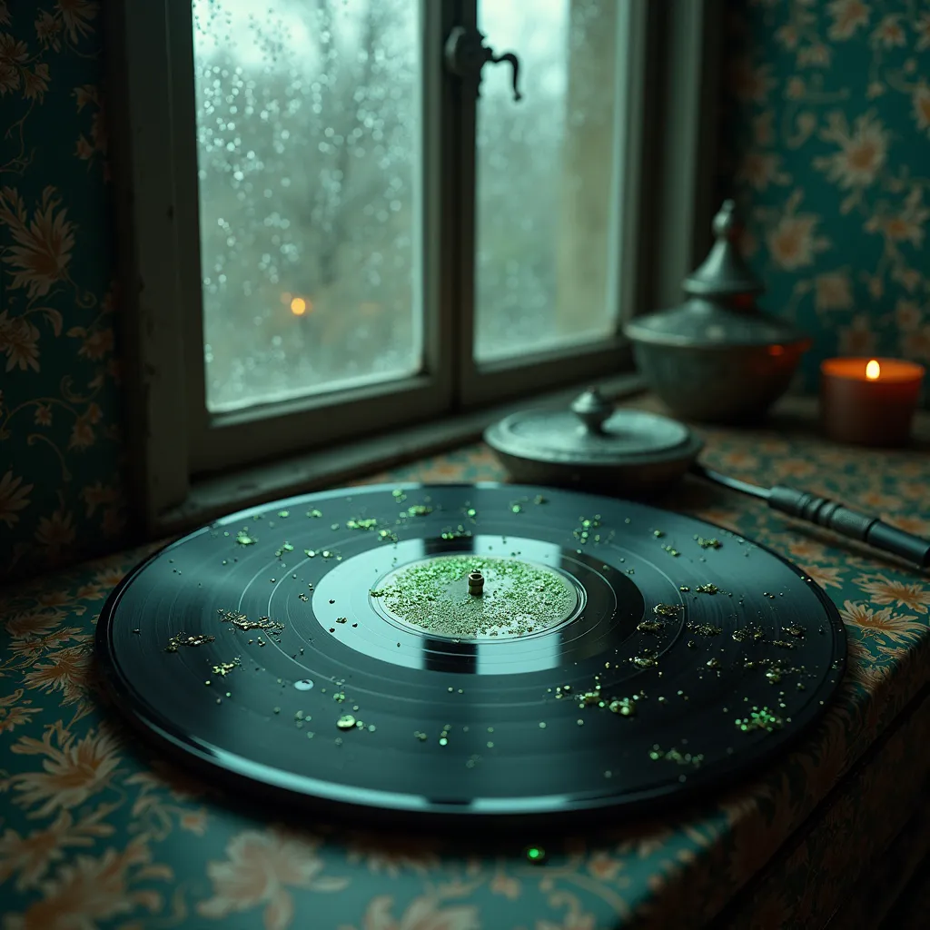 Record album,black speckles,emerald color,Rainy window, Wallpaper,picturesque