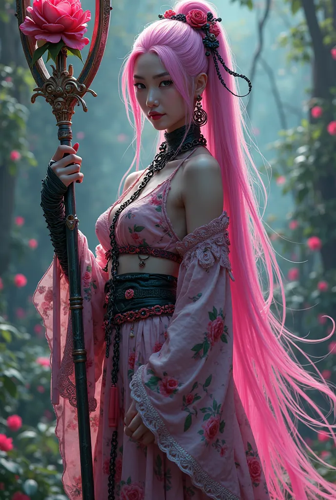 Ancient asian princess, long neon vibrant rainbow colored hair, big rose-shaped rod, orchid coloured attire with black roses, huge prison chain on her neck,  demon black arm with huge nails, full body image, semi realistic game style, garden of ghosts vibe