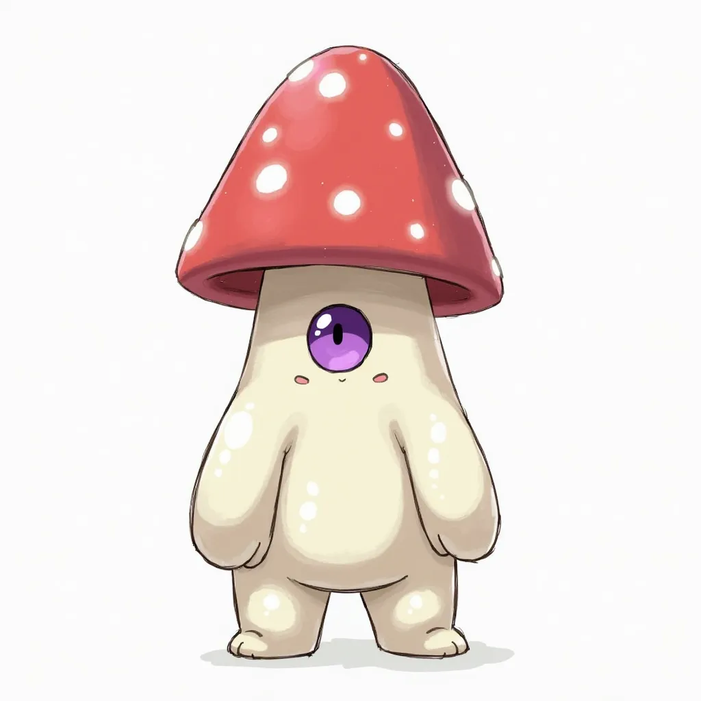 A humsnoid with thick white legs hands and tall mushroom with red cap with white glowing dots, one purple eye. in pokemon art style white background