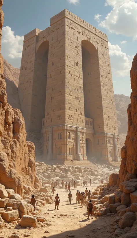 Construction of a huge temple (Deir el-Bahari Temple), Scene showing the movement of stone blocks and the work of workers.