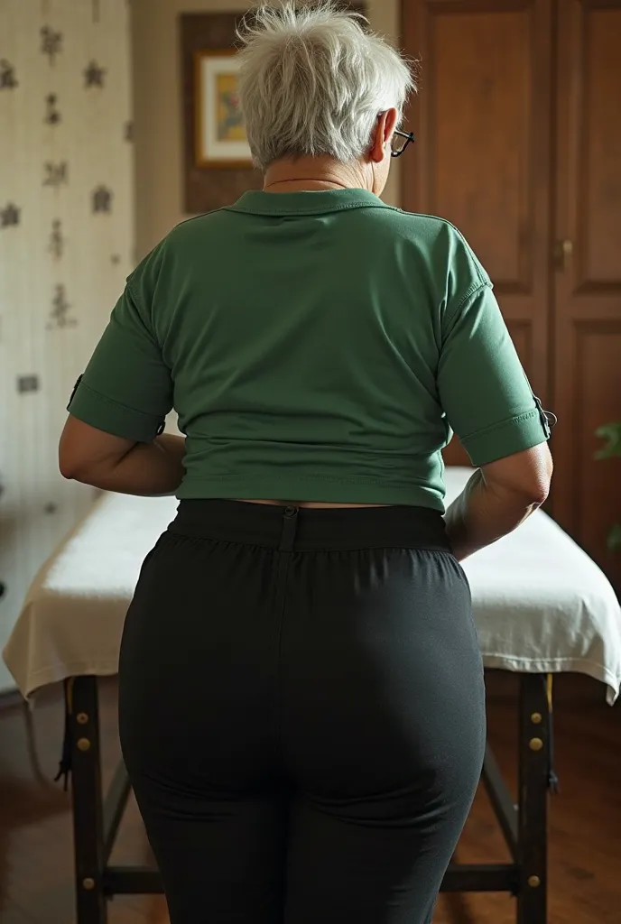 (((Huge sexy booty granny))). Big butt cheeks. In tight black pants. Candid booty. Bending over massage table. Giant booty is in front of camera. Slim waist. Old Asian woman. White short hair. Gigantic butt is protruding.  Wearing green shirt.