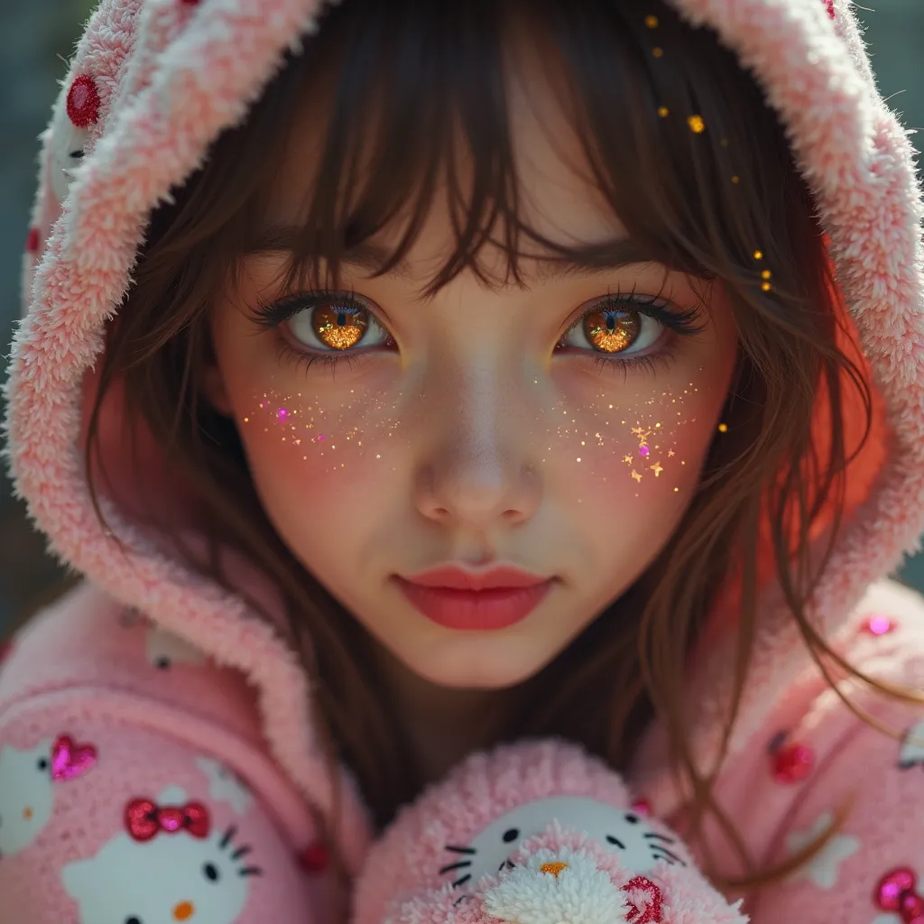 (Close-up of a better masterpiece:1.5)0.9], (brown eyes:1.2) (Colored stars in the eyes:1.0) (A radiant glow:1.1) (thick lips:0.9) hello kitty hoodie and brown hair brown eyes. and a hello Kitty pink pants or pajama