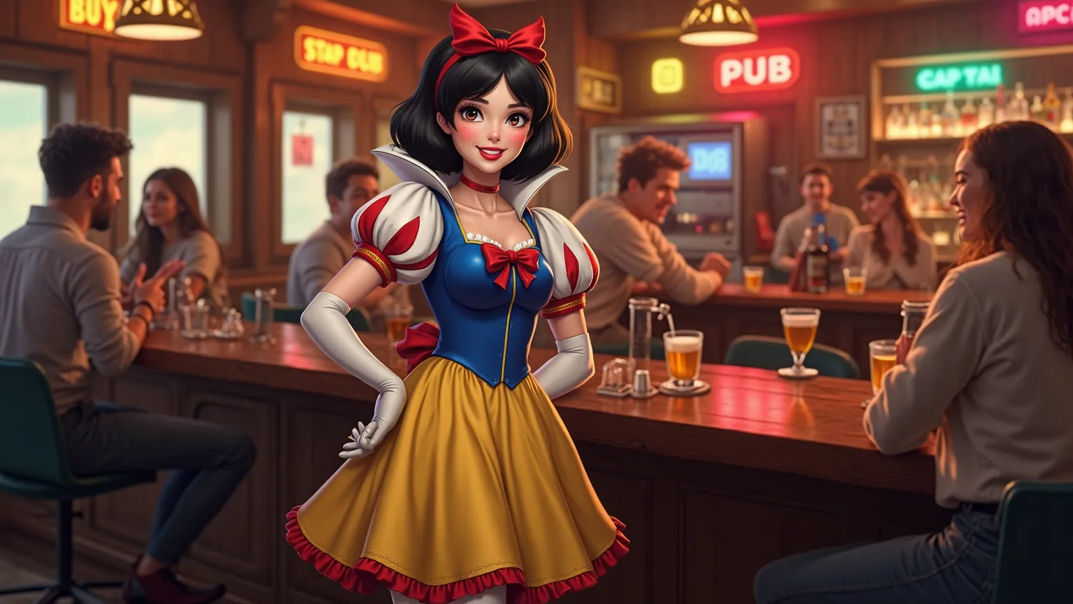 Here’s the updated prompt with the pub setting:

"A stunning female model with medium-length jet-black hair styled in a sleek bob, wearing a Snow White-inspired costume. The outfit features a blue bodice with white puffed sleeves, a red ribbon detail, and ...