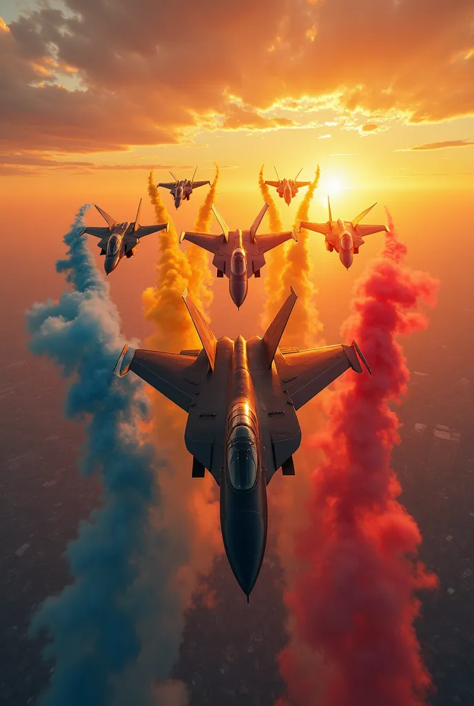 5 black fighter planes bobbing in a sunset blowing yellow, blue and red smoke
