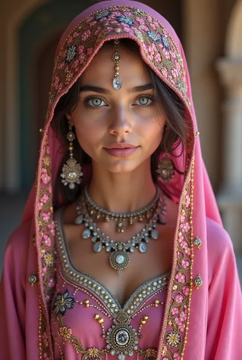 A girl with Arab features with gray eyes and a pink Saudi costume