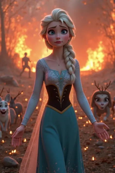 creates a real woman resembling Elsa from Frozen, with a light blue shirt and white and red blouse, and white shoes, with her arms outstretched, her face scared and sad, in the background a destroyed forest consumed by flames, animals escaping from the fla...