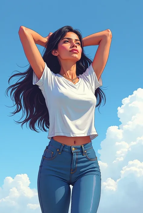 Dans un style manga 3D, une belle Latina de 20 ans, aux cheveux noirs long aux pointes violettes, habillée d'un jean troué et d'un tee-shirt blanc, a la silhouette fine et athlétique est énervé en levant les bras au ciel et regardant le ciel.