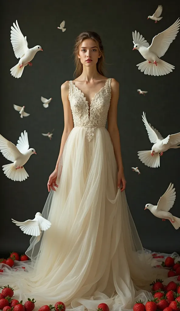 The image features an elegant woman wearing an elegant cream-coloured dress. The upper part of the dress is embroidered, and the lower part has a layered draped design. The woman stands in a romantic and artistic pose. White doves flying around add a fasci...