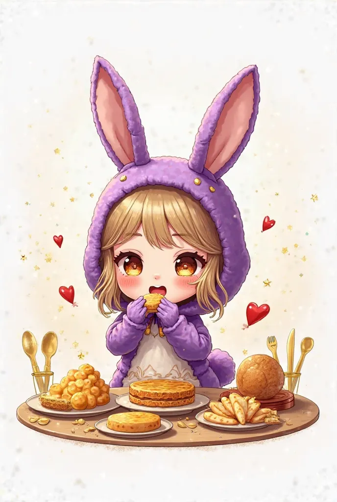 Chibi woman in purple rabbit costume complete with a gold plate eating gold on the table ay gold dust white background