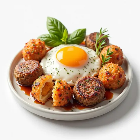 "A beautifully plated gourmet dish featuring a perfectly cooked sunny-side-up egg with a glossy, golden yolk resting atop seasoned minced meat. Surrounding the dish are crispy, golden rice balls, lightly drizzled with sauce for a touch of extra flavor. Fre...