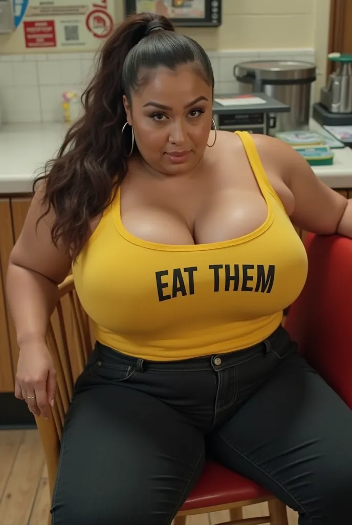 In a cafeteria, high angle view, a massive ass pawg voluptous plus sized 25-year old young white girl sitting on a chair, looking up at viewer, (eyes openned), dark brown slickback ponytail, slight face wrinkles, hoop earings, wide body, large sized huge b...