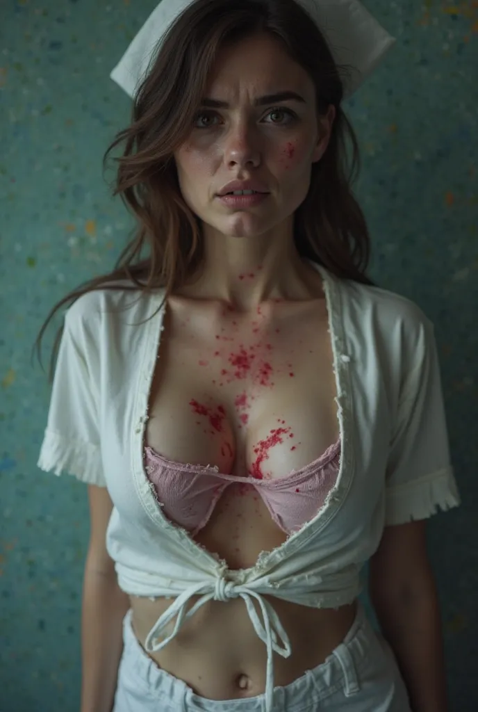 Beautiful young nurse being attacked by a psychopath, stabbed on top of her breast,  torn clothes,  breasts exposed, pink areola,  areola,  saggy breasts, startled, terrified, crying,  screaming,  begging, hurt, NSFW