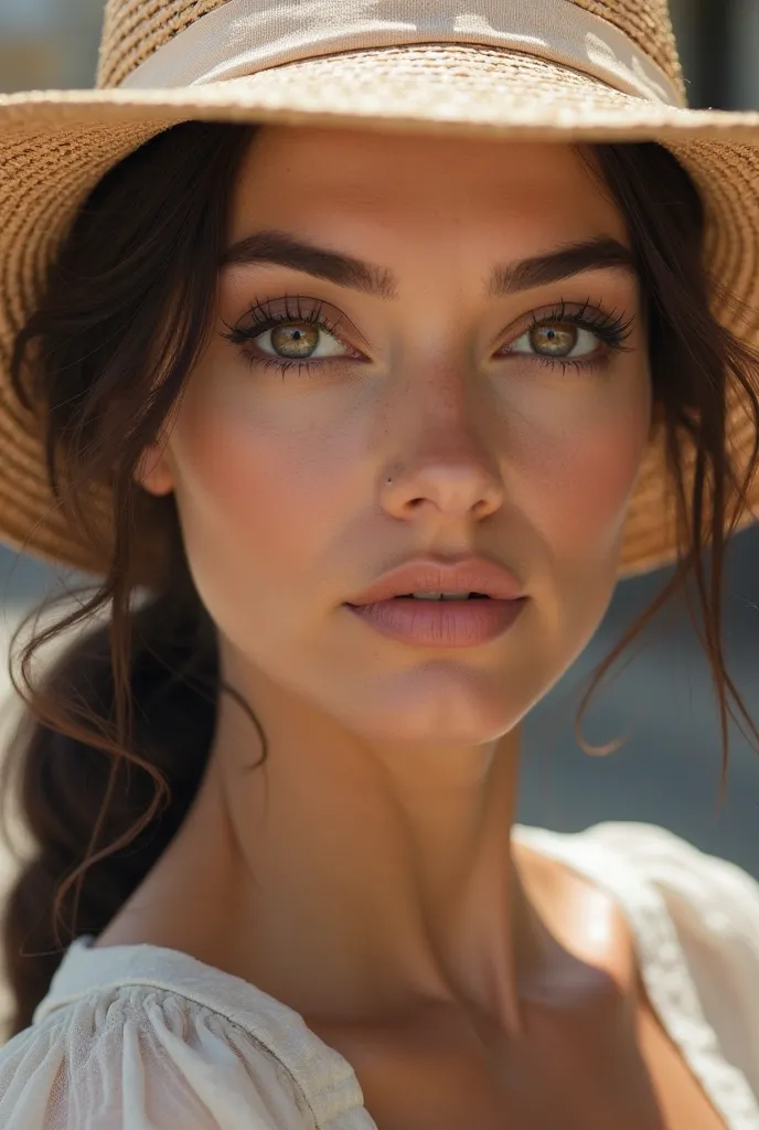 Ultra-realistic portrait of a stunning woman with smooth skin and a piercing gaze. She wears an elegant straw hat with a light fabric band, exuding a sophisticated and timeless style. Her expressive brown eyes reflect natural light, while her slightly curv...