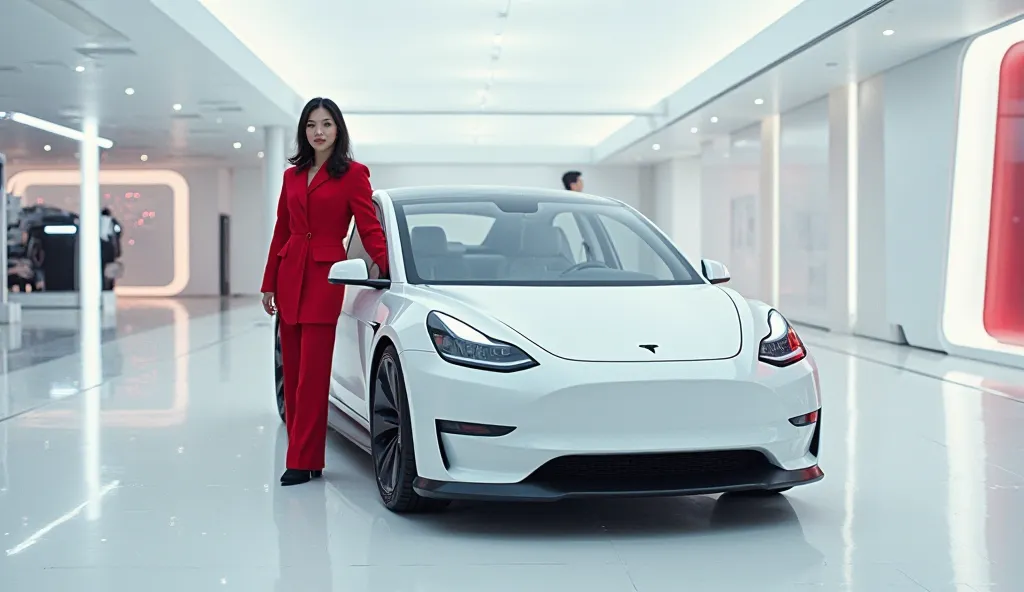 Give me 2025 Tesla model 3 white showroom girl Red colour car