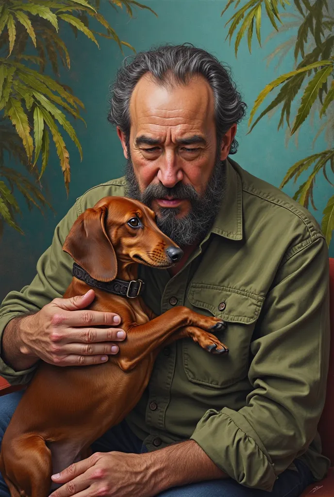 Create a picture of Fidel Castro petting a dachshund