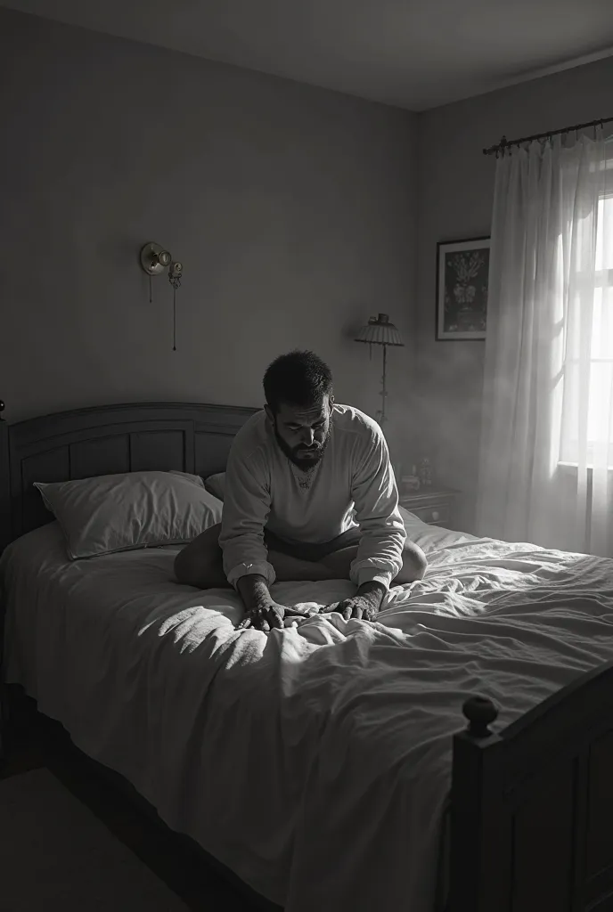 A man centered on his bed horror image in black and white 