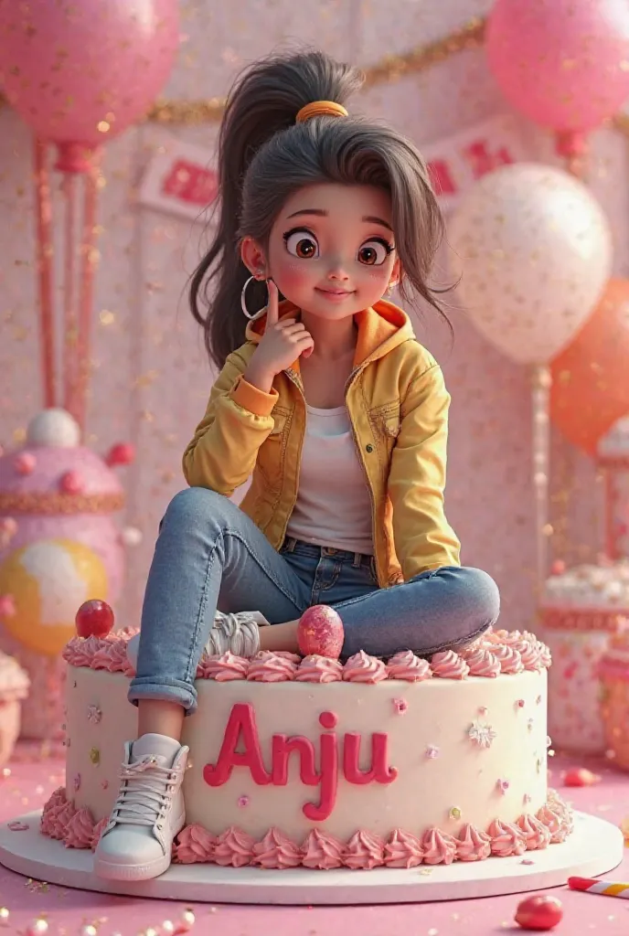 3D illustration of a Girl
sitting casually on front of a cake. The character must wear casual moder clothing such as jeans jackets and sneakers shoes. The background of the image is a party theme. Write 'Anju' on the birthday cake. Make sure the text is no...