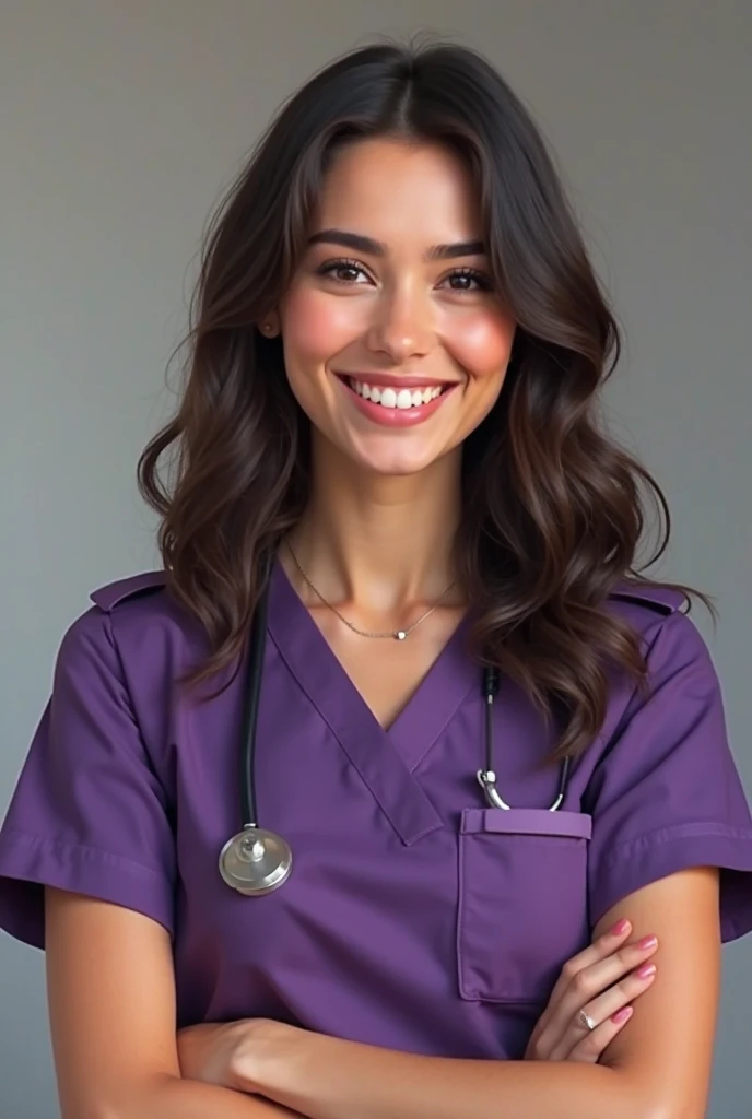 Generate a realistic girl smiling with wavy dark brown hair who wears a purple therapist-type uniform and who has her arms crossed 