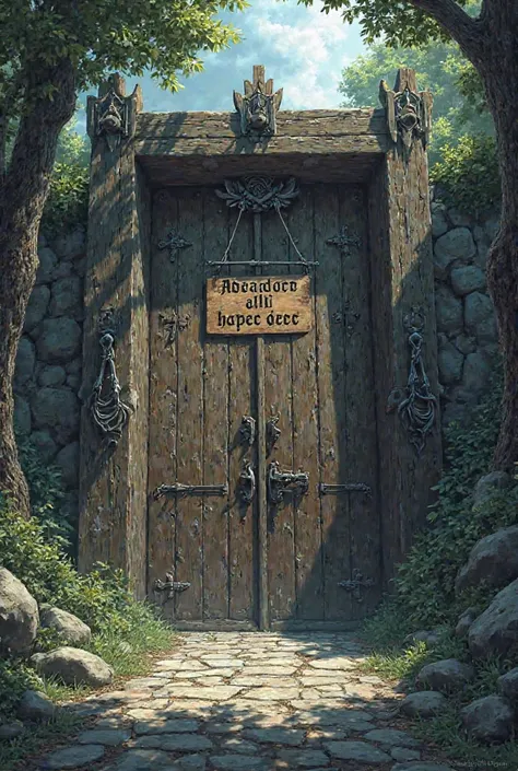 Draw a very large wooden door that says on a hanging sign " Abandon all hope " And around there are some trees and the stone floor, It will be an image to color