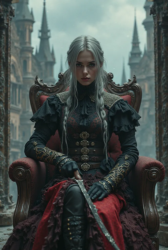 "A female hunter sitting cross-legged on an antique chair with armrests, in a gothic Victorian-style environment. She is Aria from a clock tower, dressed in an intricate hunter outfit with a black and deep red base. Her long silver hair is tied back elegan...