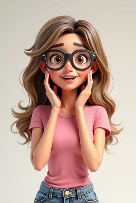 Create a 3D Pixar-style female mascot for a store, represented by a friendly young woman. She has white skin with a darker tone, medium or long hair with blonde highlights and well-groomed hair, as well as prescription glasses that reflect a confident and ...