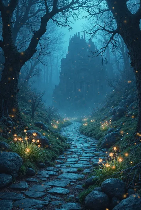 An abandoned road that leads to a ruin, little fauna and small flowers emanating light blue light blue, small fireflies around the scenery which is set at night, All fantasy themed