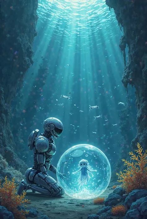 Anime style, ethereal underwater cradle with bioluminescent corals, baby Aquaris floating peacefully inside a bubble of glowing water, surrounded by robotic fish drones. Nyx the guardian robot, half-destroyed with glowing cracks on silver armor, kneels pro...