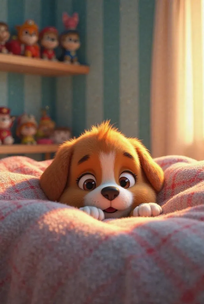 Pixar style 3D image Reuben Paw Patrol wakes up in bed