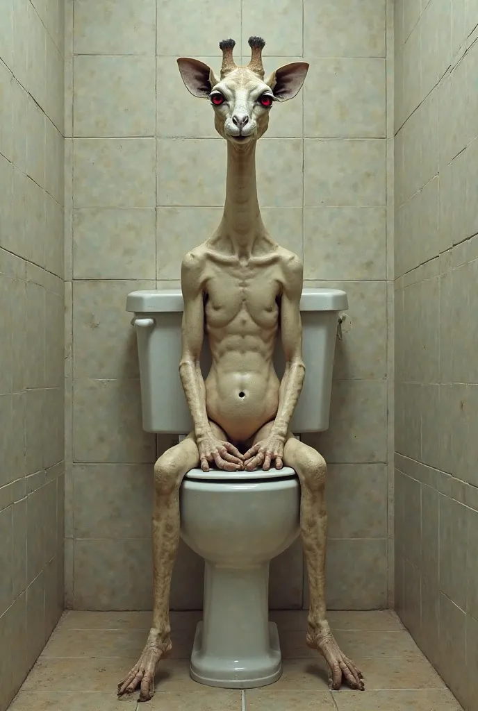 Make a giraffe with a human face and legs and red eyes sitting on the toilet and do it very nicely